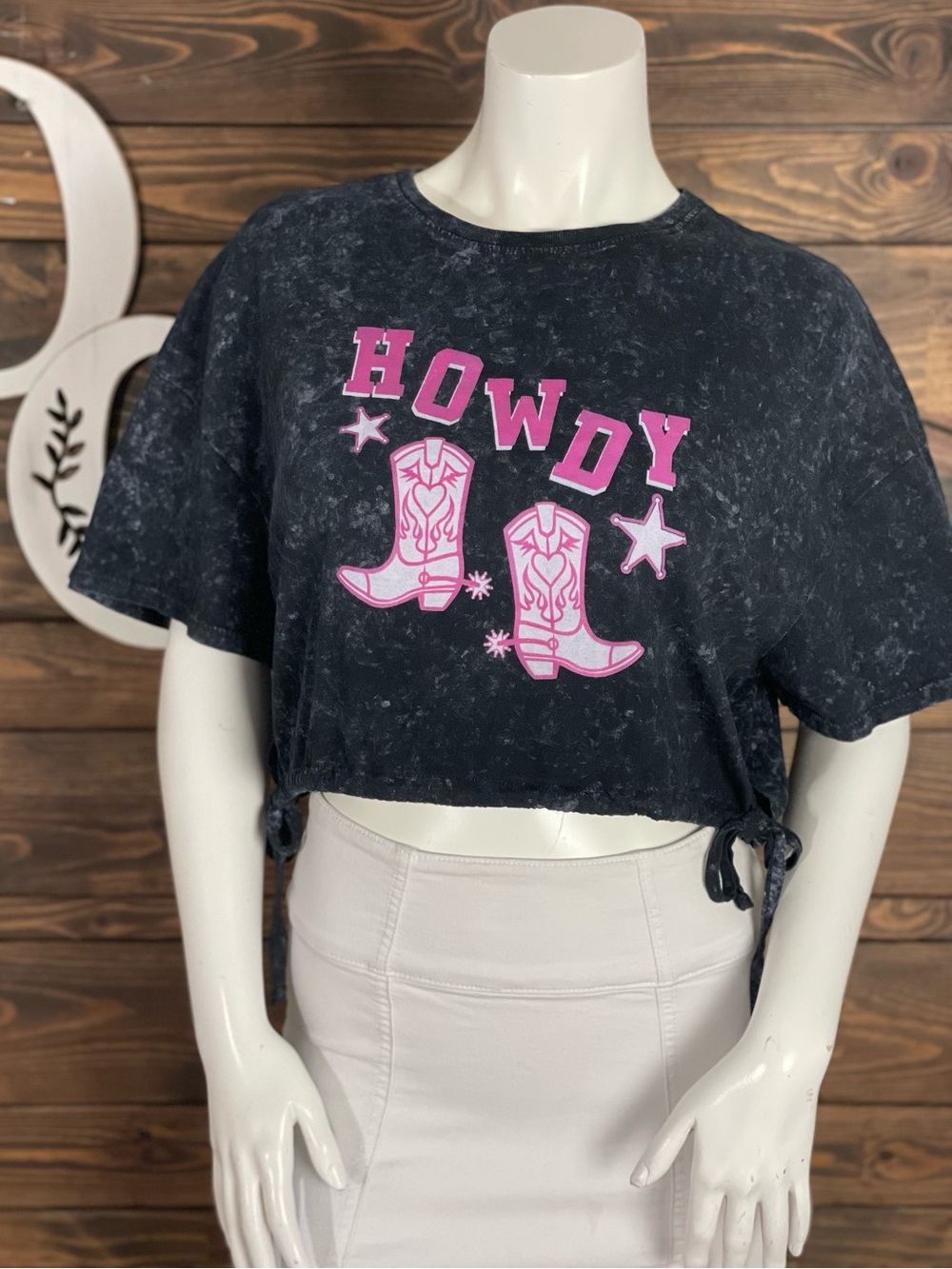 Bloom & Pop | Acid Stone Wash Black Crop Tee Pink 'Howdy' Boot Graphic Western